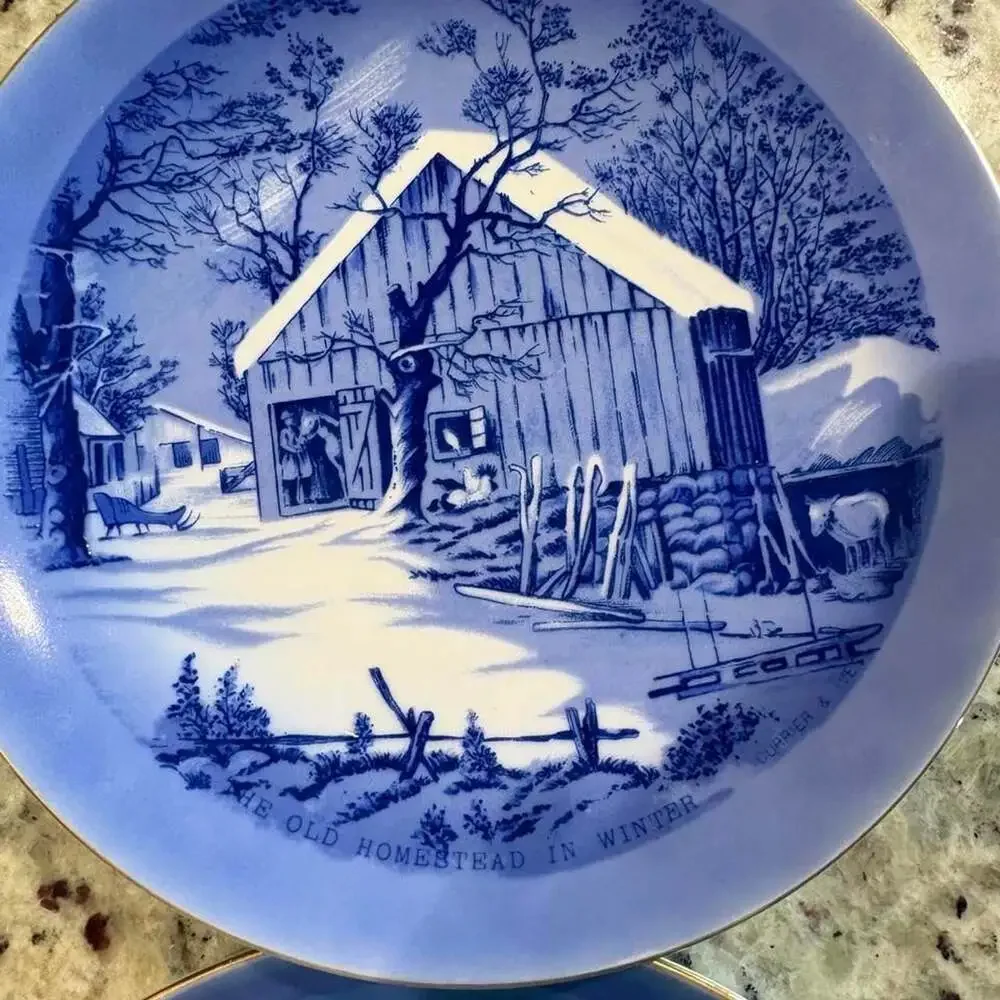 Currier & Ives Japanese Winter Scene Collector Plates Set of 4 Blue and White